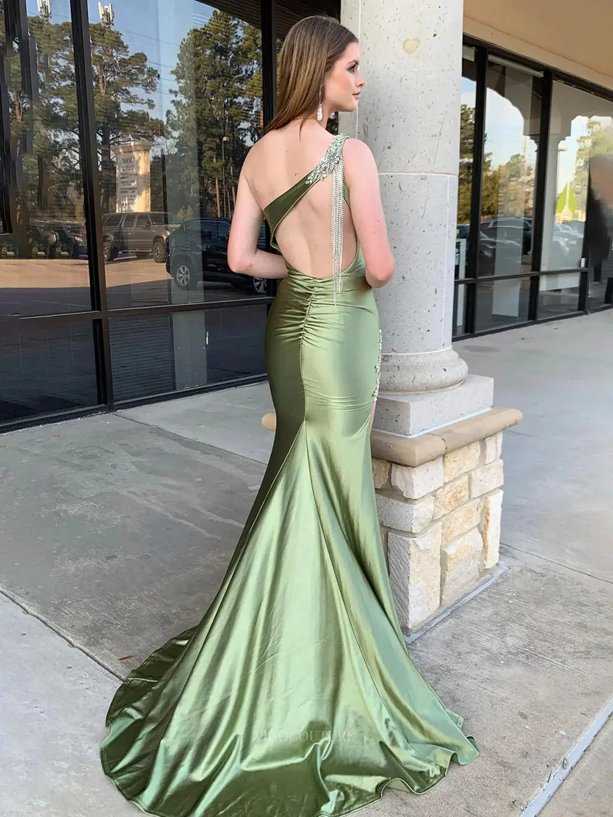 Prom Dresses 2025 to impress Green Satin One Shoulder Prom Dresses 2025 Beaded Lace Formal Dresses with Slit – 25152-vigocouture-vigocouture