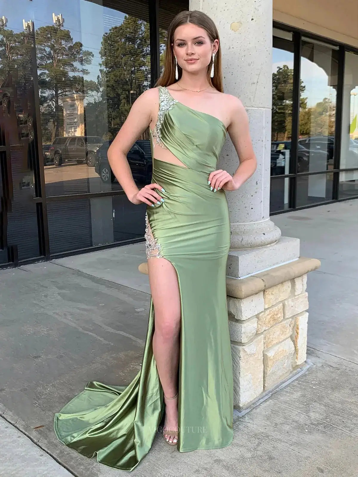 Prom Dresses 2025 to impress Green Satin One Shoulder Prom Dresses 2025 Beaded Lace Formal Dresses with Slit – 25152-vigocouture-vigocouture