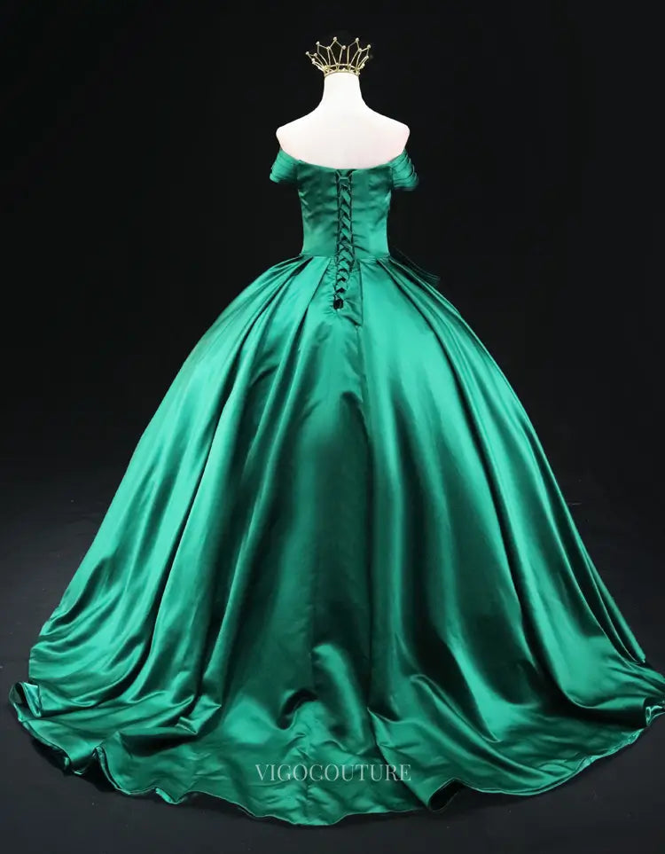 Prom Dresses 2025 to impress Green Satin Prom Dresses Off the Shoulder Quinceanera Dresses SU042-vigocouture-vigocouture