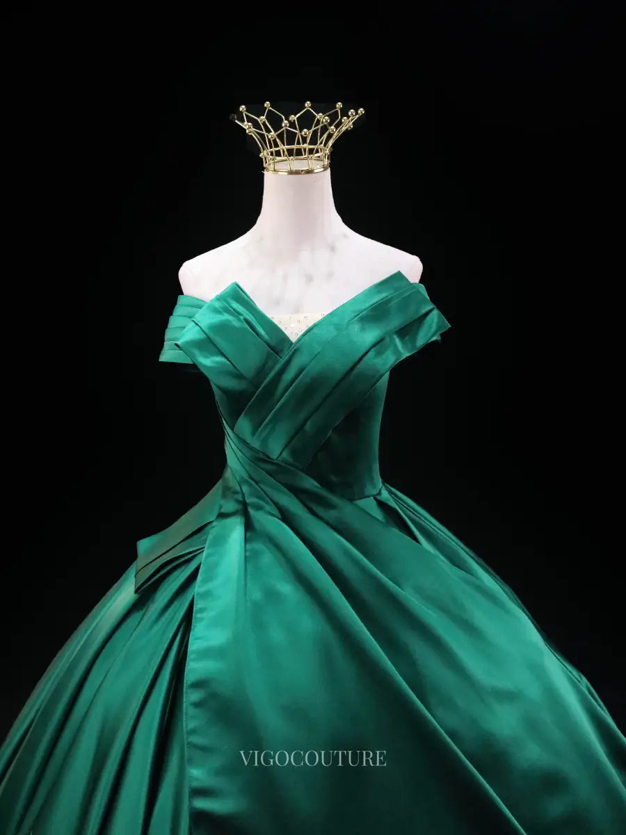 Prom Dresses 2025 to impress Green Satin Prom Dresses Off the Shoulder Quinceanera Dresses SU042-vigocouture-vigocouture