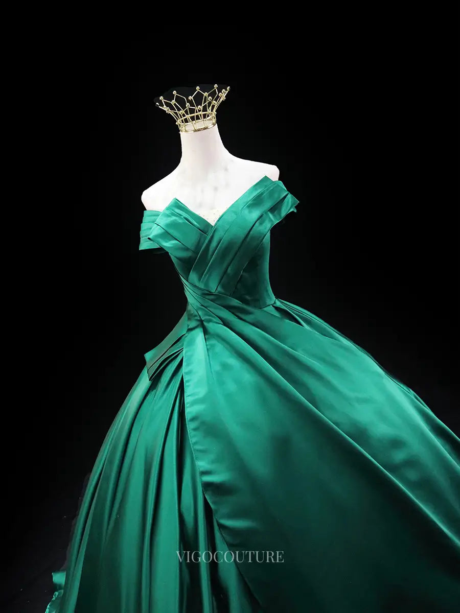 Prom Dresses 2025 to impress Green Satin Prom Dresses Off the Shoulder Quinceanera Dresses SU042-vigocouture-vigocouture