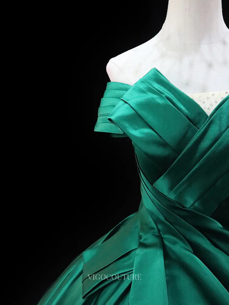 Prom Dresses 2025 to impress Green Satin Prom Dresses Off the Shoulder Quinceanera Dresses SU042-vigocouture-vigocouture