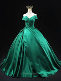 Prom Dresses 2025 to impress Green Satin Prom Dresses Off the Shoulder Quinceanera Dresses SU042-vigocouture-Green-Custom Size-vigocouture