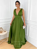 Green Satin Prom Dresses V-Neck Formal Dress 20950