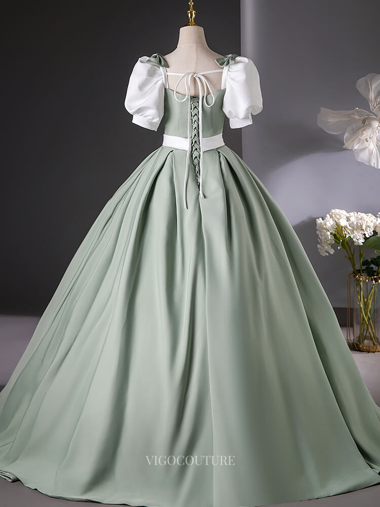 Prom Dresses 2025 to impress Green Satin Prom Dresses with Puffed Sleeve, Belt, Bow, Quinceanera Dresses BG016-vigocouture-vigocouture