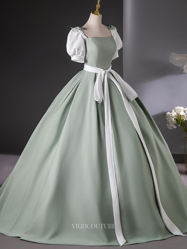 Prom Dresses 2025 to impress Green Satin Prom Dresses with Puffed Sleeve, Belt, Bow, Quinceanera Dresses BG016-vigocouture-vigocouture