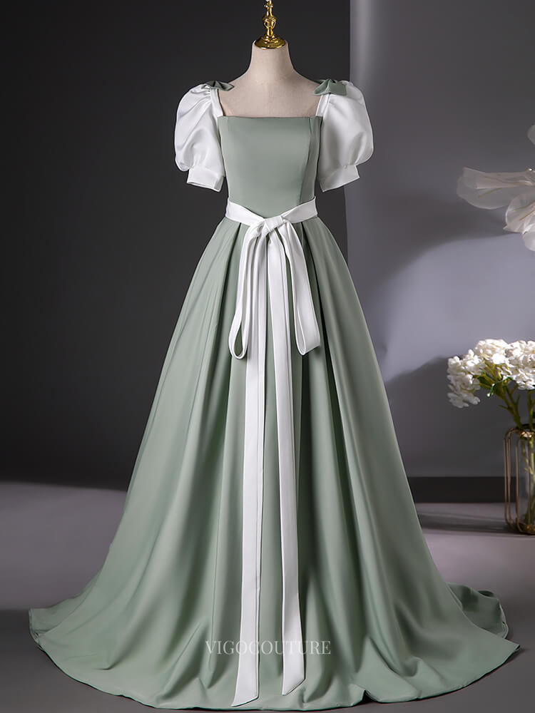 Prom Dresses 2025 to impress Green Satin Prom Dresses with Puffed Sleeve, Belt, Bow, Quinceanera Dresses BG016-vigocouture-vigocouture