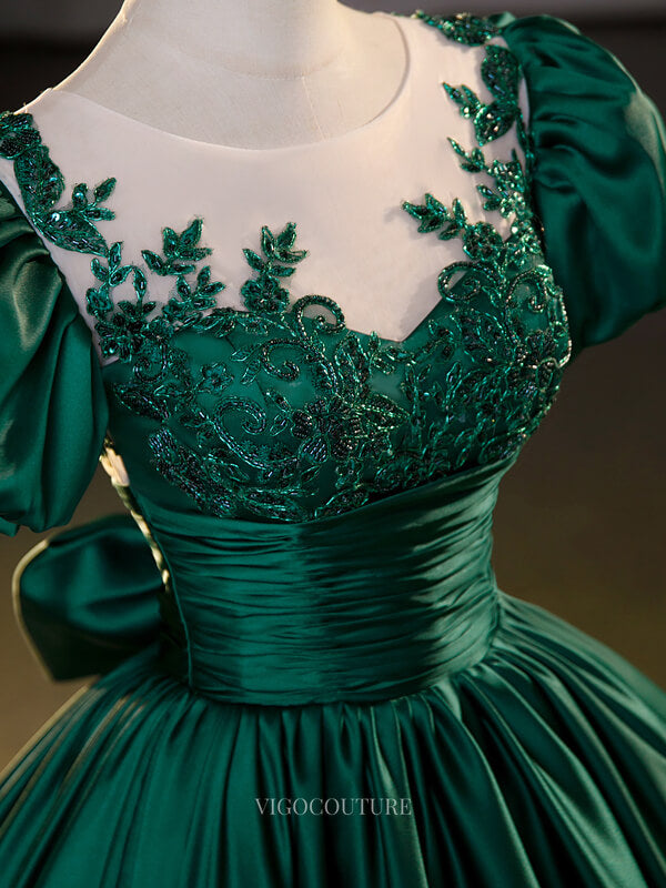 Prom Dresses 2025 to impress Green Satin Prom Dresses with Puffed Sleeve, Lace Bodice, Quinceanera Dresses BG066-vigocouture-vigocouture