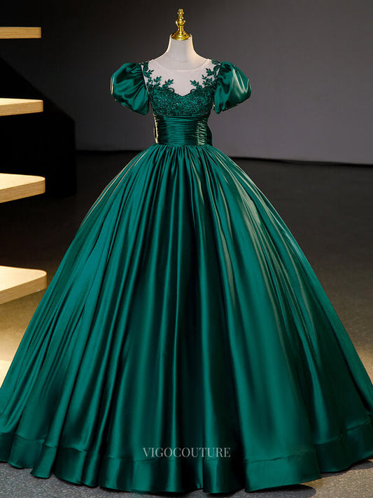 Prom Dresses 2025 to impress Green Satin Prom Dresses with Puffed Sleeve, Lace Bodice, Quinceanera Dresses BG066-vigocouture-Green-Custom Size-vigocouture