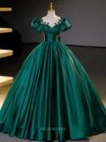 Prom Dresses 2025 to impress Green Satin Prom Dresses with Puffed Sleeve, Lace Bodice, Quinceanera Dresses BG066-vigocouture-Green-Custom Size-vigocouture