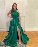 Green Satin Prom Dresses with Slit Halter Neck Evening Gown 22002