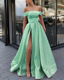 Prom Dress 2025 Green Satin Prom Dresses with SLit Off the Shoulder Formal Gown 20857-unique elegant Prom Dresses-Green-US2-vigocouture