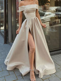 Prom Dress 2025 Green Satin Prom Dresses with SLit Off the Shoulder Formal Gown 20857-unique elegant Prom Dresses-Khaki-US2-vigocouture