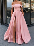 Prom Dress 2025 Green Satin Prom Dresses with SLit Off the Shoulder Formal Gown 20857-unique elegant Prom Dresses-Pink-US2-vigocouture