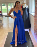 Prom Dress 2025 Green Satin Prom Dresses with Slit Spaghetti Strap Evening Dress 21993-unique elegant Prom Dresses-Blue-US2-vigocouture