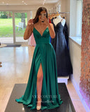 Green Satin Prom Dresses with Slit Spaghetti Strap Evening Dress 21993