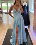 Prom Dress 2025 Green Satin Prom Dresses with Slit Spaghetti Strap Evening Dress 21993-unique elegant Prom Dresses-Light Blue-US2-vigocouture