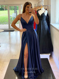 Prom Dress 2025 Green Satin Prom Dresses with Slit Spaghetti Strap Evening Dress 21993-unique elegant Prom Dresses-Navy Blue-US2-vigocouture