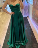 Green Satin Prom Dresses with Slit Spaghetti Strap Evening Dress 21997