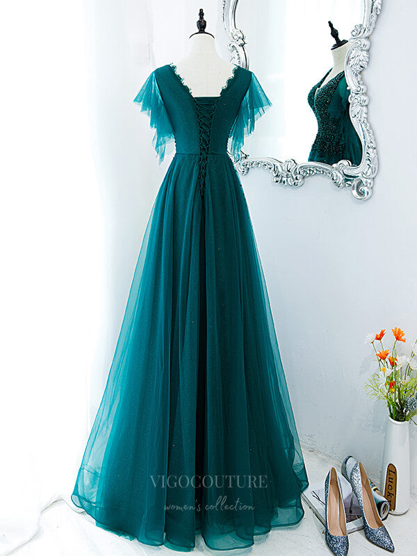 Prom Dress 2025 Green Sequin Beaded Tulle V-Neck Prom Dress 20882-unique elegant Prom Dresses-Green-Custom Size-vigocouture