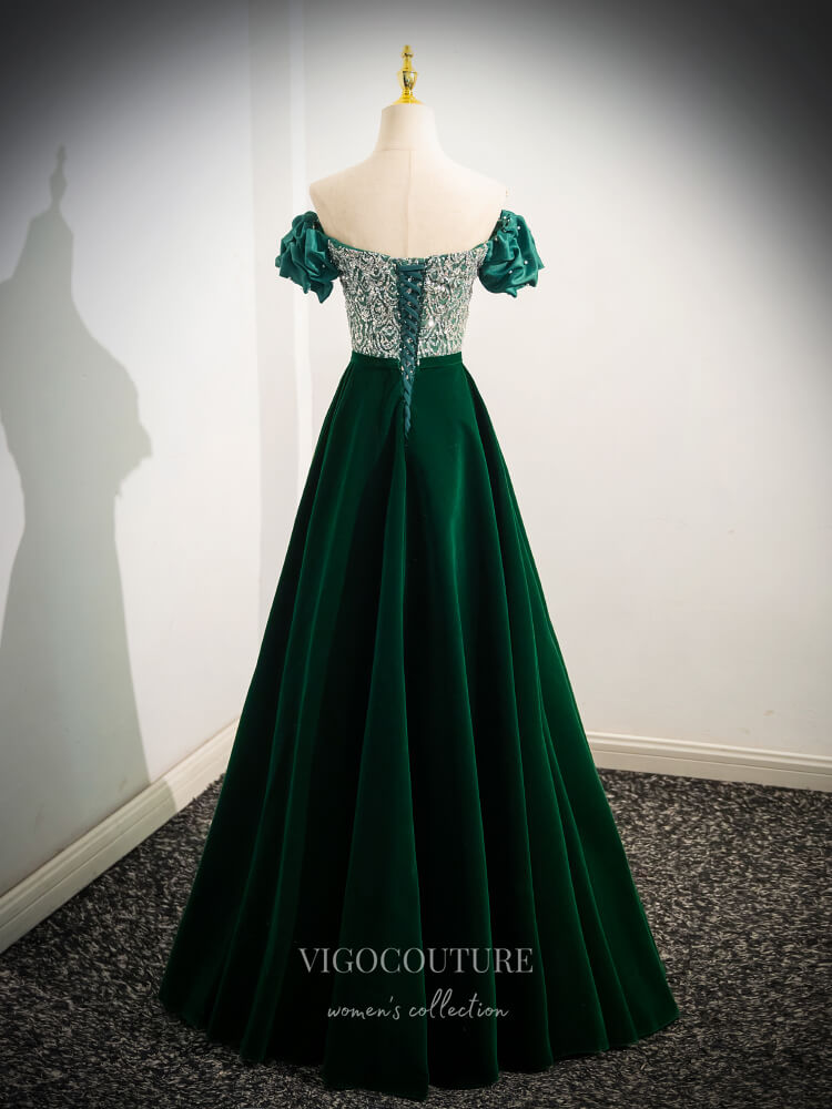 Prom Dress 2025 Green Sequin Lace Velvet Prom Dresses Puffed Sleeve Pearl String 24377-unique elegant Prom Dresses-Green-Custom Size-vigocouture