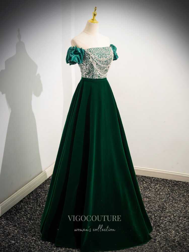 Prom Dress 2025 Green Sequin Lace Velvet Prom Dresses Puffed Sleeve Pearl String 24377-unique elegant Prom Dresses-Green-Custom Size-vigocouture