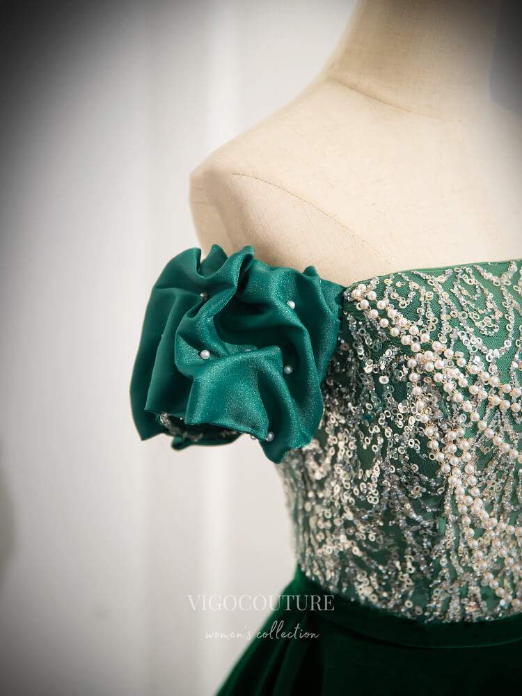 Prom Dress 2025 Green Sequin Lace Velvet Prom Dresses Puffed Sleeve Pearl String 24377-unique elegant Prom Dresses-Green-Custom Size-vigocouture