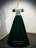 Prom Dress 2025 Green Sequin Lace Velvet Prom Dresses Puffed Sleeve Pearl String 24377-unique elegant Prom Dresses-Green-Custom Size-vigocouture