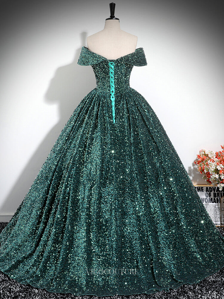 Green Sequin Prom Dresses Off the Shoulder Sparkly Quinceanera Dresses BG025 Custom Colors / 16W Green Sequin Prom Dresses Off the Shoulder Sparkly Quinceanera Dresses BG025 Custom Colors / 16W