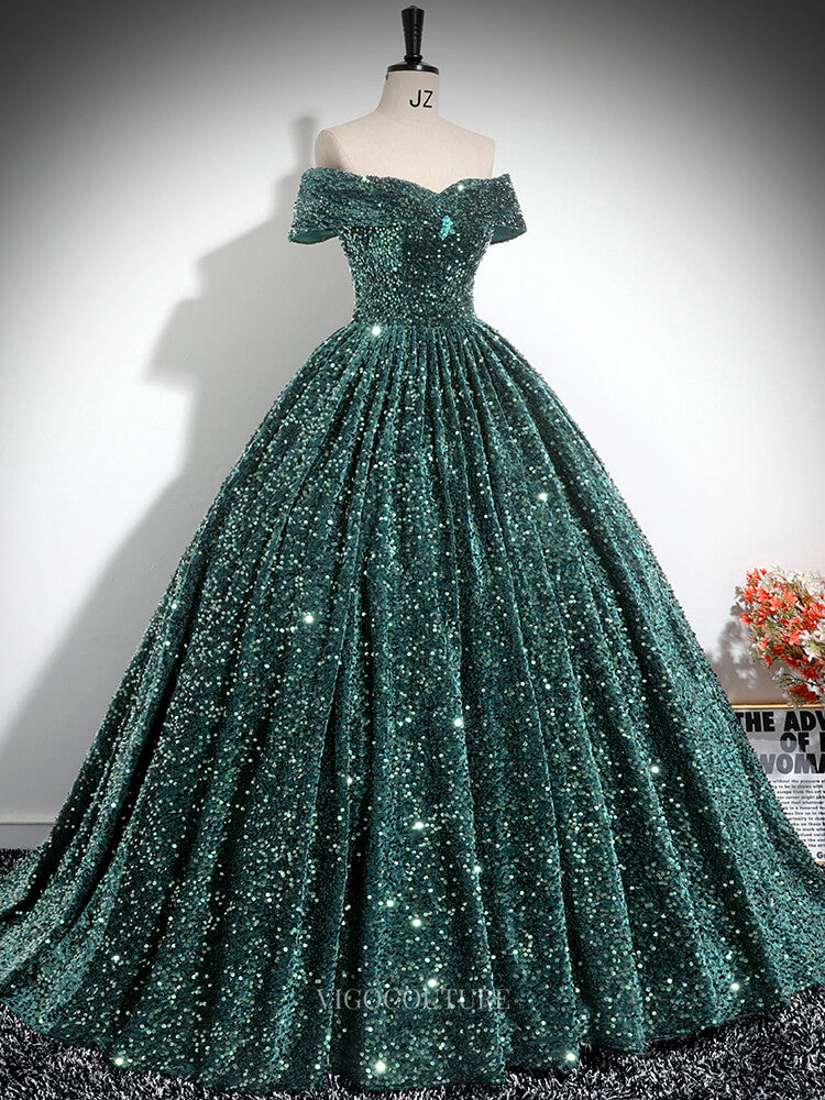 Prom Dresses 2025 to impress Blue Sequin Prom Dresses Off the Shoulder Sparkly Quinceanera Dresses BG025-vigocouture-vigocouture