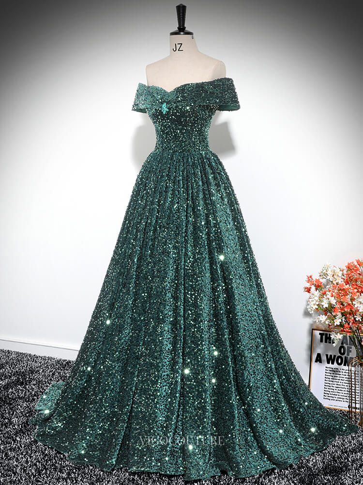 Prom Dresses 2025 to impress Blue Sequin Prom Dresses Off the Shoulder Sparkly Quinceanera Dresses BG025-vigocouture-vigocouture