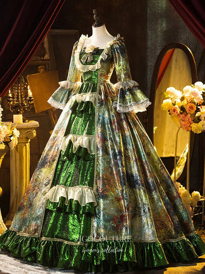 Prom Dress 2025 Green Shimmering Tiered Ruffled Vintage Princess Dress Puffed Sleeve Quinceanera Dresses 25046-unique elegant Prom Dresses-Green-Custom Size-vigocouture