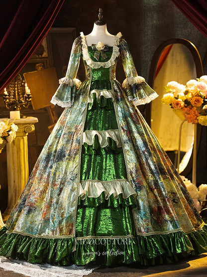 Prom Dress 2025 Green Shimmering Tiered Ruffled Vintage Princess Dress Puffed Sleeve Quinceanera Dresses 25046-unique elegant Prom Dresses-Green-Custom Size-vigocouture