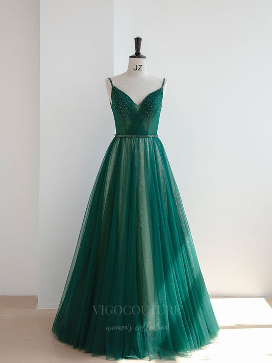 Prom Dress 2025 Green Spaghetti Strap Beaded Prom Dress 20649-unique elegant Prom Dresses-Green-US2-vigocouture