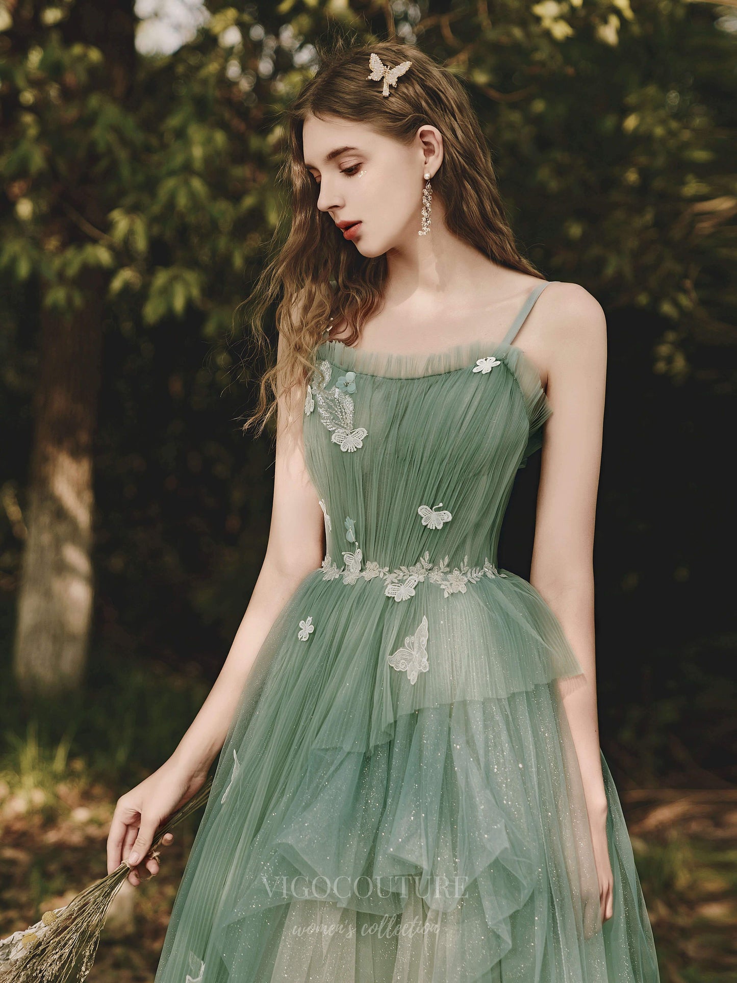 Prom Dress 2025 Green Spaghetti Strap Floral Prom Dress 20705-unique elegant Prom Dresses-Green-US2-vigocouture