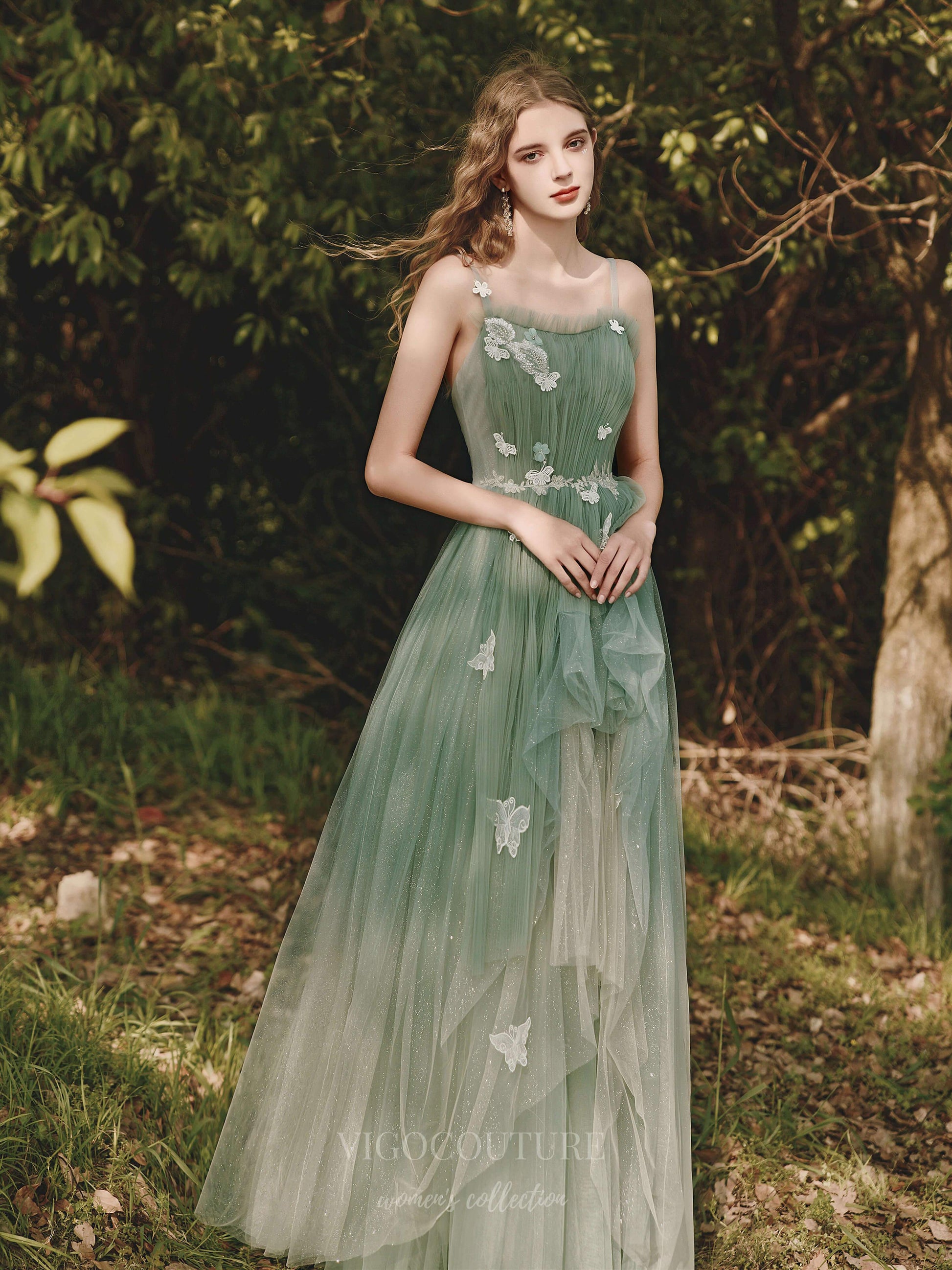 Prom Dress 2025 Green Spaghetti Strap Floral Prom Dress 20705-unique elegant Prom Dresses-Green-US2-vigocouture