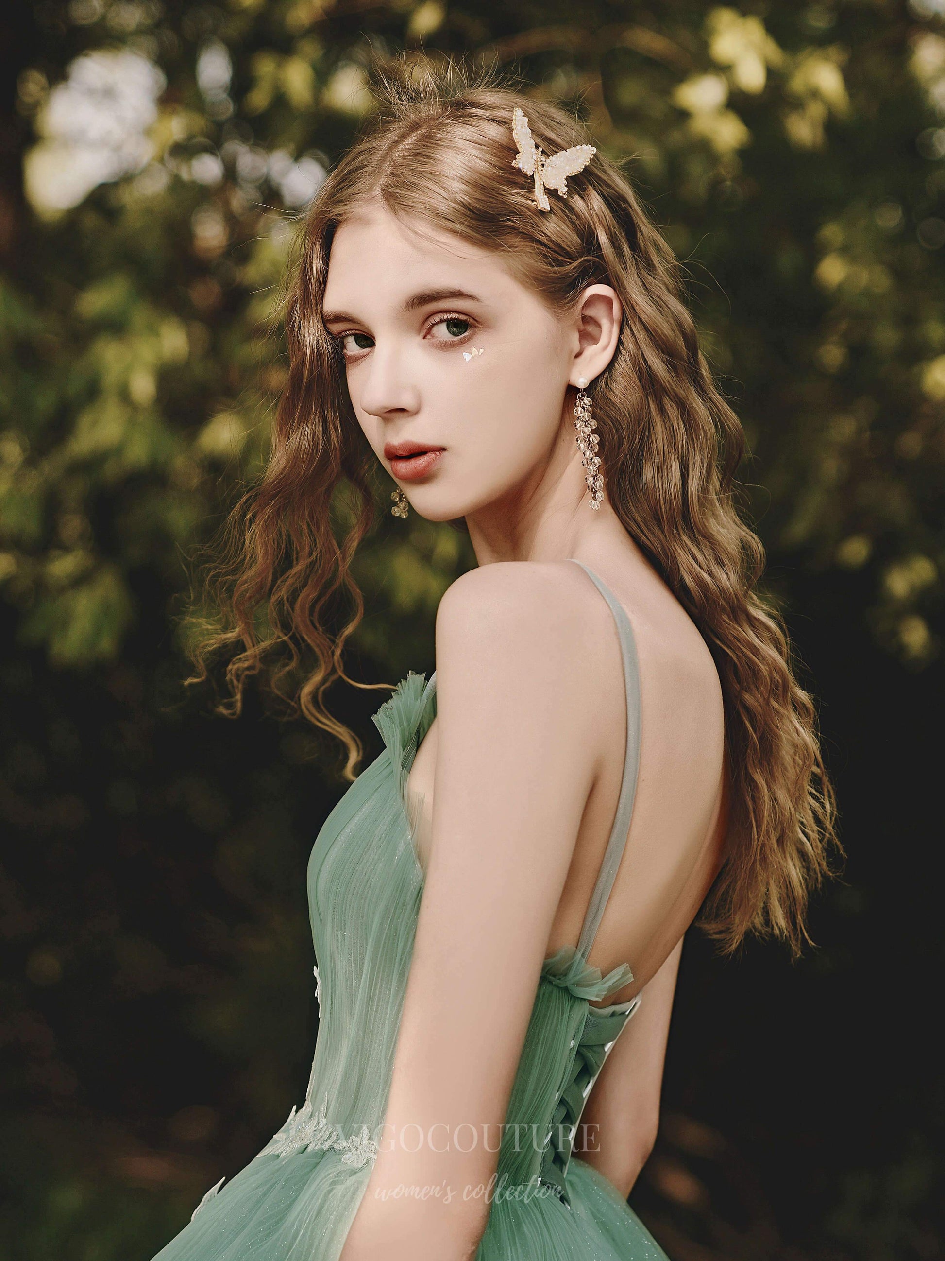 Green Spaghetti Strap Floral Prom Dress 20705 Green / US6 Green Spaghetti Strap Floral Prom Dress 20705 Green / US6