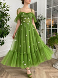 Green Spaghetti Strap Maxi Dress Floral Prom Dress 20982