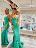 Prom Dress 2025 Green Spaghetti Strap Ruched Hips Cheap Prom Dresses Satin Mermaid Formal Gown 24069-unique elegant Prom Dresses-Green-Custom Size-vigocouture