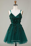 Green Sparkly Lace Applique Homecoming Dress A Line Spaghetti Strap Back to School Dress hc362