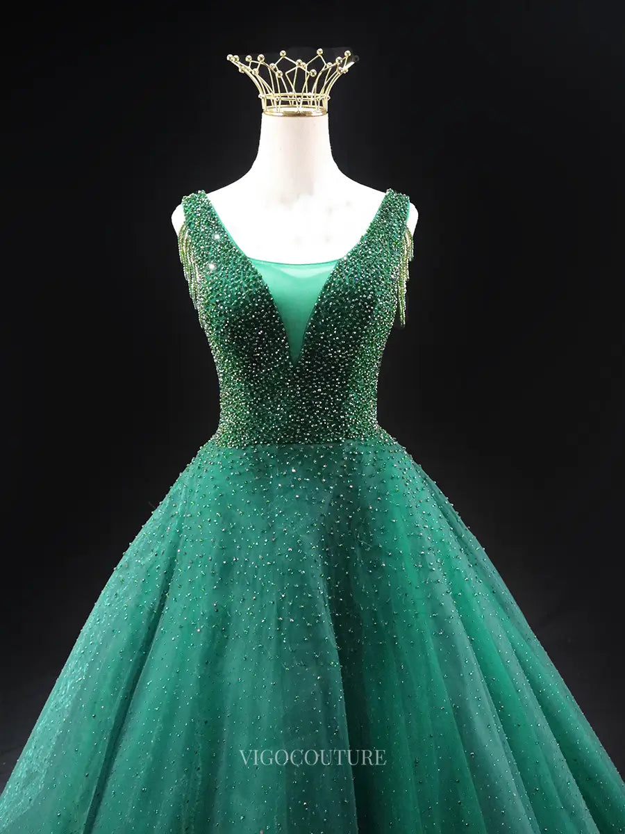 Prom Dresses 2025 to impress Green Sparkly Tulle Prom Dresses with Beaded Bodice, V-Neck, Tassels, Quince Dresses SU039-vigocouture-vigocouture