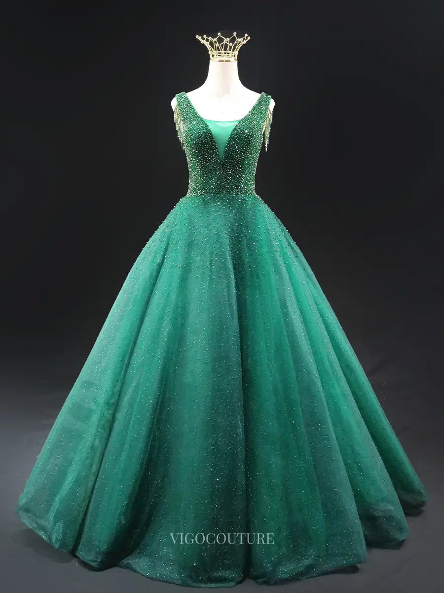 Prom Dresses 2025 to impress Green Sparkly Tulle Prom Dresses with Beaded Bodice, V-Neck, Tassels, Quince Dresses SU039-vigocouture-Green-Custom Size-vigocouture