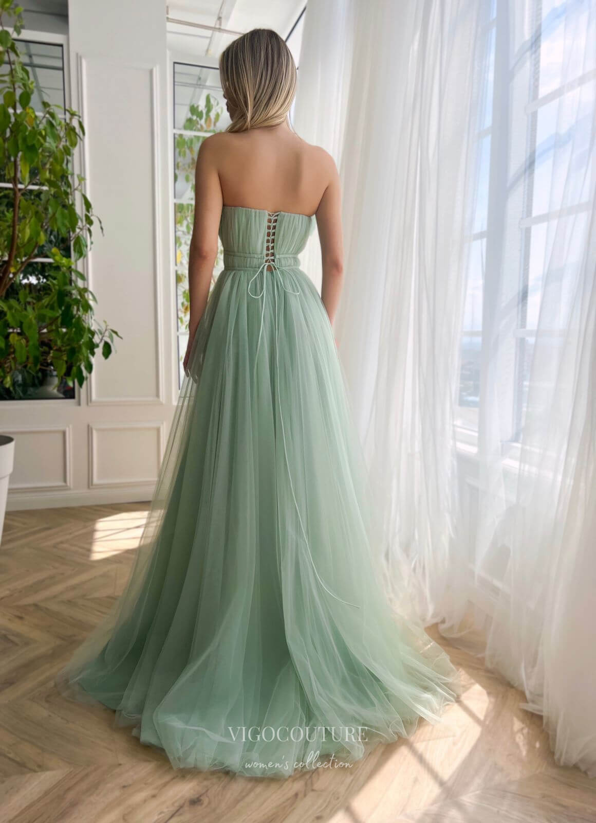 Prom Dress 2025 Green Strapless Prom Dresses with Slit Floral Formal Gown with Pockets 24499-unique elegant Prom Dresses-Green-Custom Size-vigocouture