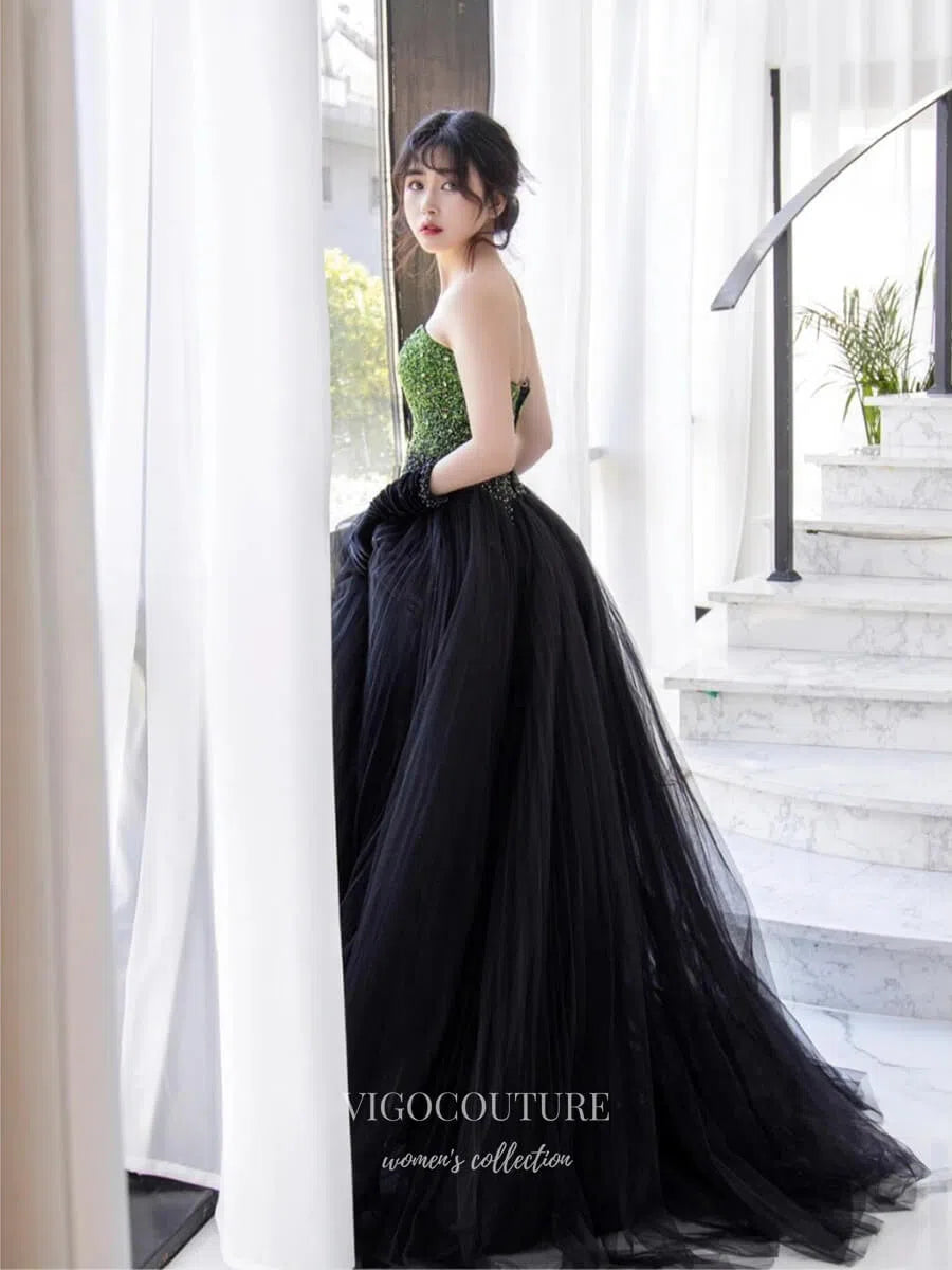 Prom Dress 2025 Green Sweetheart Sequin Strapless Prom Dresses 2025 Wrinkled Tulle Formal Dress 25062-unique elegant Prom Dresses-Green-Custom Size-vigocouture