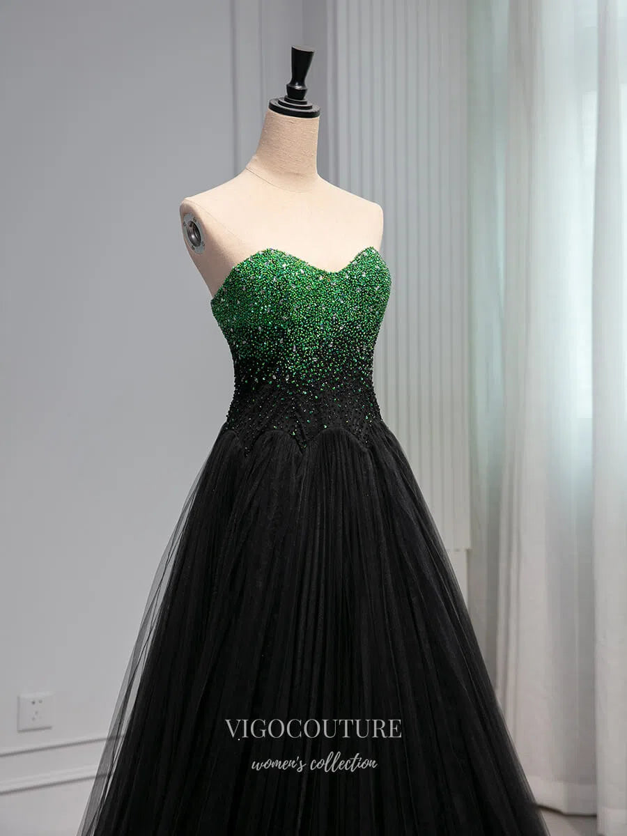 Prom Dress 2025 Green Sweetheart Sequin Strapless Prom Dresses 2025 Wrinkled Tulle Formal Dress 25062-unique elegant Prom Dresses-Green-Custom Size-vigocouture