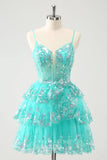 Green Tiered Spaghetti Strap Homecoming Dresses Sequin Lace Back to School Dress hc404