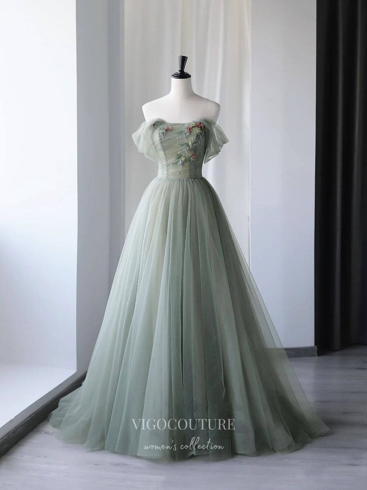 Prom Dress 2025 Green Tulle Prom Dresses Off the Shoulder Formal Gown 21852-unique elegant Prom Dresses-Green-US2-vigocouture