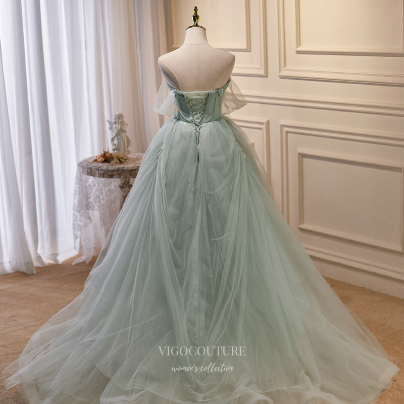 Prom Dress 2025 Green Tulle Prom Dresses Off the Shoulder Formal Gown 21868-unique elegant Prom Dresses-Green-US2-vigocouture