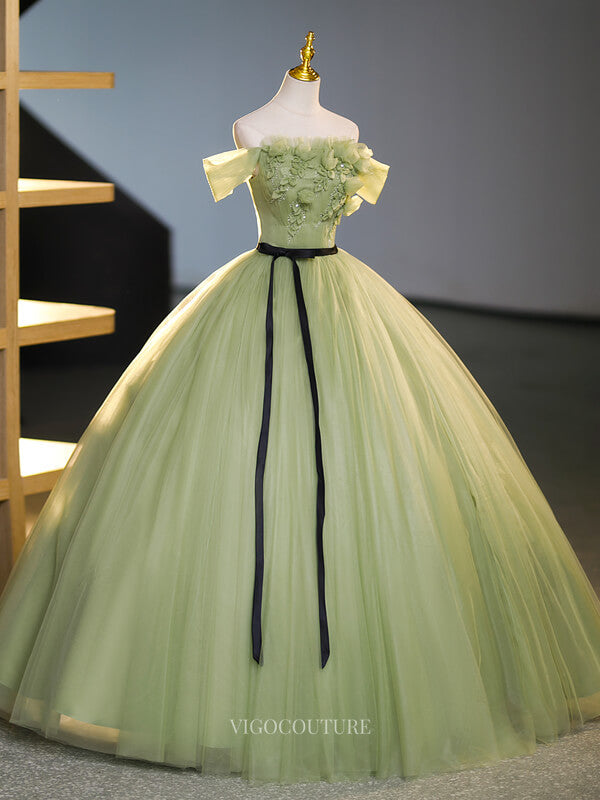 Green Tulle Prom Dresses with 3D Flower, Belt, Off the Shoulder, Quinc vigocouture Green Tulle Prom Dresses with 3D Flower, Belt, Off the Shoulder, Quinc vigocouture