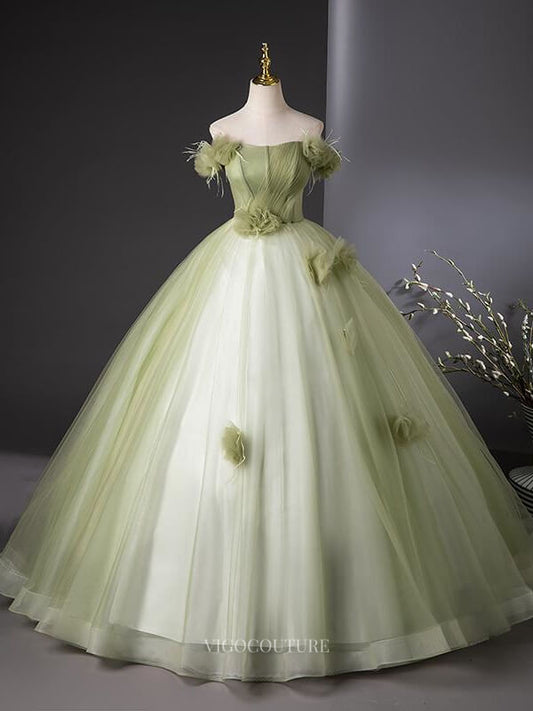 Prom Dresses 2025 to impress Green Tulle Prom Dresses with 3D Flower, Corset Back, Strapless Quinceanera Dresses BG041-vigocouture-Green-Custom Size-vigocouture